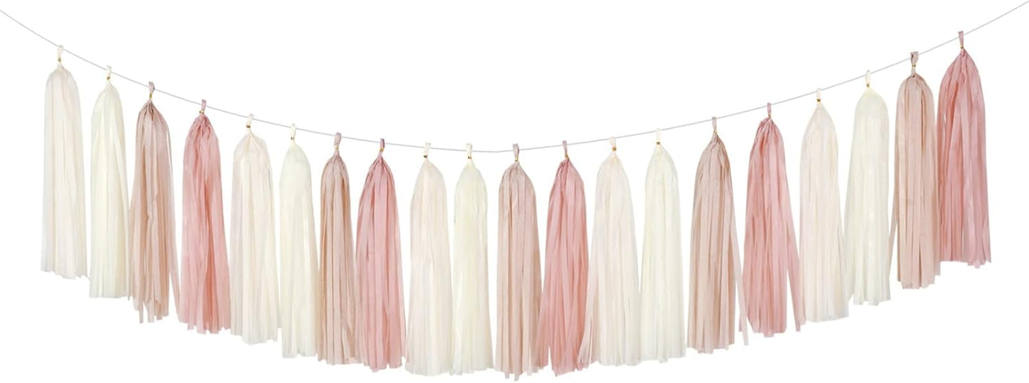 Champagne-Gold Beige Boho Party-Decorations Tassel-Garland - 20pc Fall Baby Shower Birthday Wedding Bridal Tassel,Autumn Engagement Bachelorette Banner Streamers,Neutral Rustic Backdrop Decor Panduola