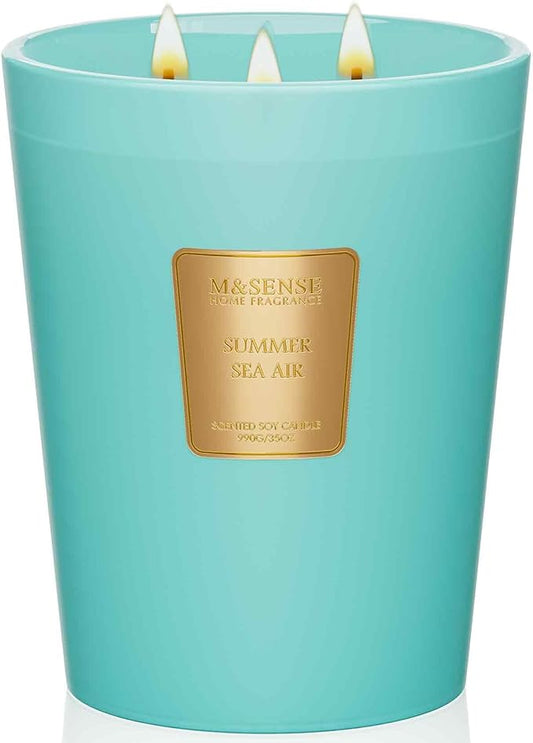M&SENSE Summer Sea Air Scented Candle, 35 OZ Extra Large 3 Wick Natural Soy Wax Candles 150 Hours Long Lasting Slow Burning, Candles Gift for Spring Home Decor