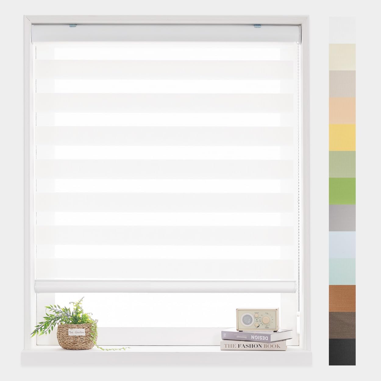 Foiresoft Standard Zebra Roller Blinds for Windows [W41 x H64 Inch, White, Basic], Light Filtering Dual Layer Shades for Bedroom, Living Room, Office, 13 Colors