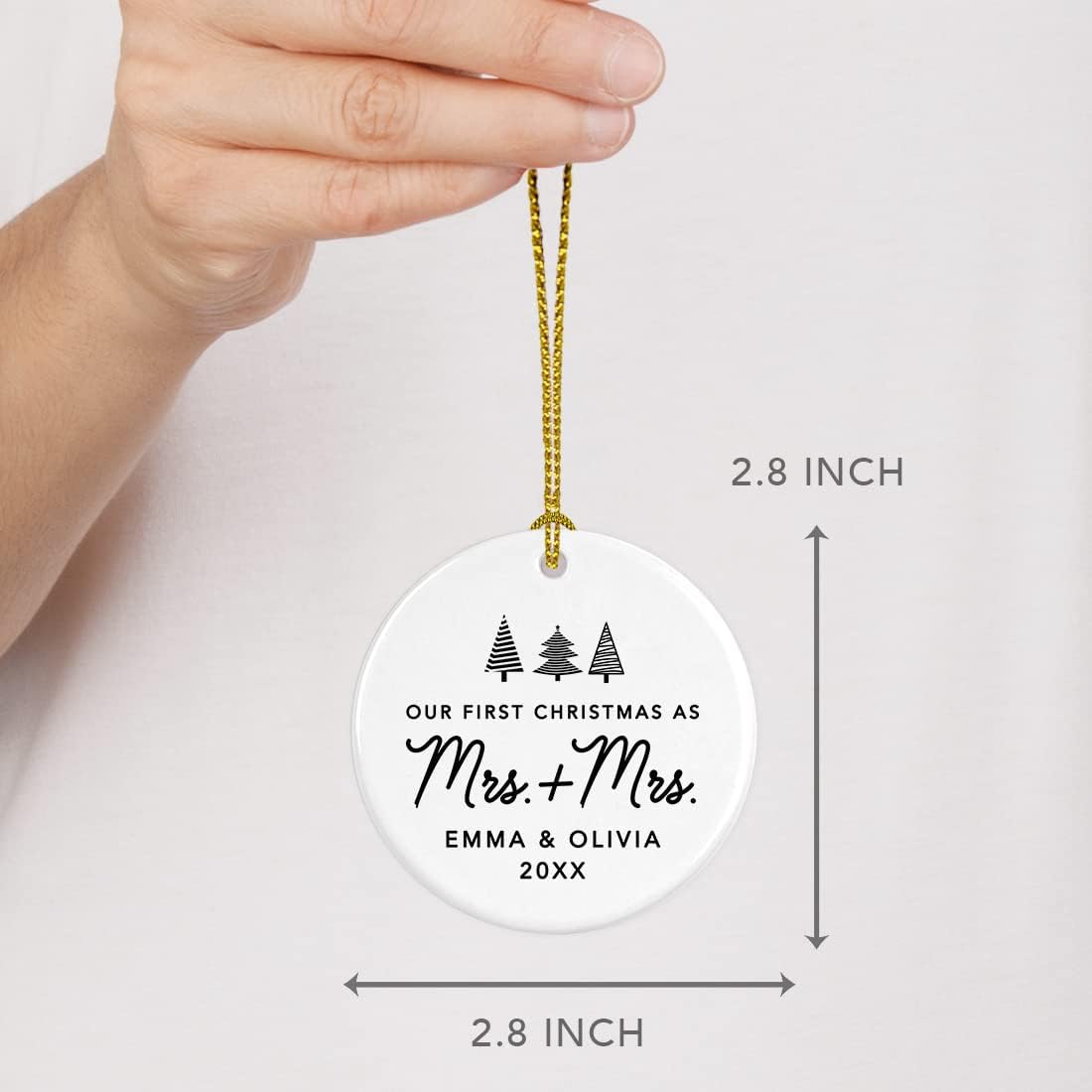 Andaz Press Personalized Our First Christmas As Mrs. & Mrs. 2025 Christmas Ornaments Christmas Trees Design 2.8" Round Porcelain Ceramic Lesbian Married Couple Gay Women Newlyweds Keepsake 1-Pack