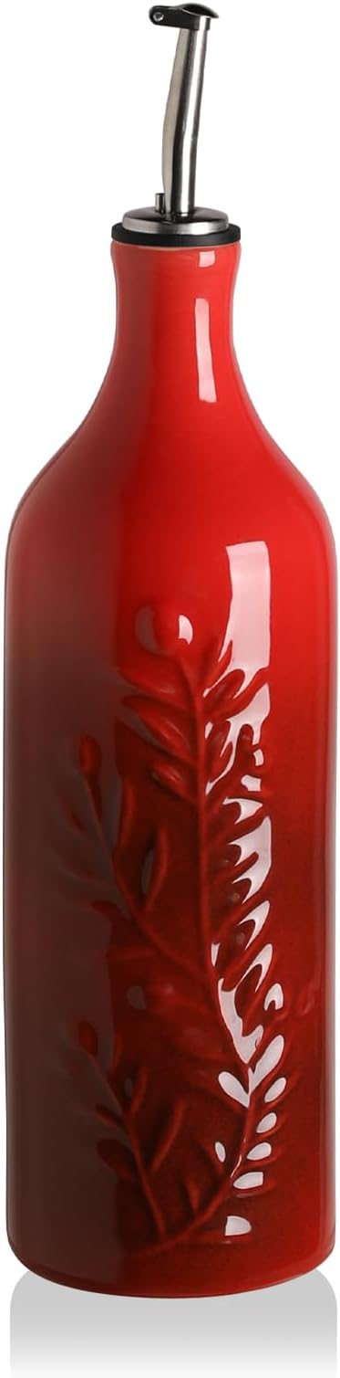 Sweejar Large Olive Oil Dispenser Bottle with Spout, 24 Oz Ceramic Dispenser for Kitchen, Relief Opaque Cruet, Container for Cooking, EVOO, Avocado Oil, Vinegar, Pack of 1(GradientRed)