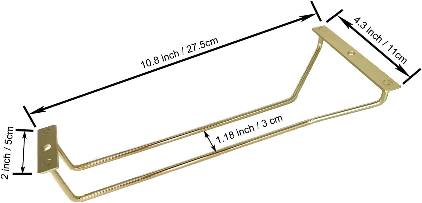 10.8 Inch Gold Wine Glass Rack, Under Cabinet Wine Glass Holder, Wine Glass Hangers Under Shelf, Stemware Rack, Hanging Stemware Holder for Cabinet Kitchen Bar, Set of 4