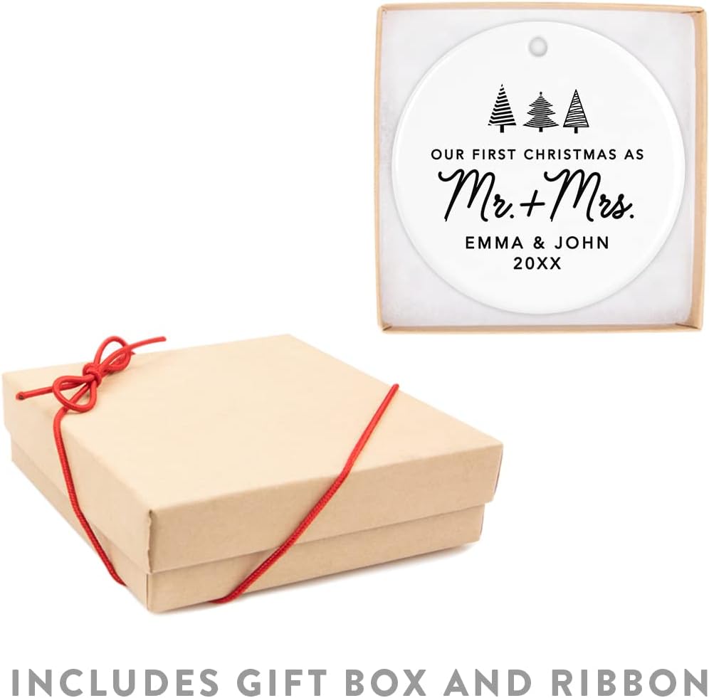 Andaz Press Personalized Our First Christmas As Mr. & Mrs. 2024 Christmas Ornaments Christmas Trees Design 2.8" Round Porcelain Ceramic 1st Year Married Custom Ornament Keepsake for Newlyweds 1-Pack