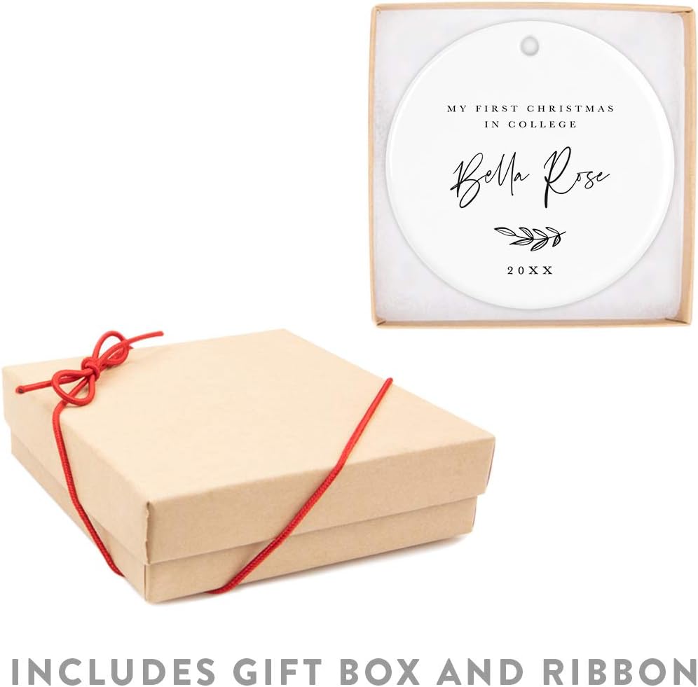 Andaz Press Personalized Round Ceramic Porcelain Christmas Tree Ornament Keepsake Collectible Gift, My First Christmas in College 2025, Olivia Carter, Antique Handdrawn, 1-Pack, Custom