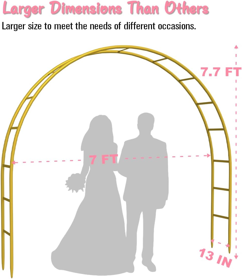 Queension Metal Arch Backdrop Stand 7Ft Wide 7.7Ft High, Wedding Arch Frame for Wedding Decorations, Balloon Arch Stand with Base for Ceremony, Outdoor Garden Arch Trellis for Climbing Plants, Gold