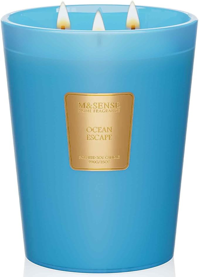 M&SENSE Ocean Escape Scented Candle 35oz 150H Burn Time Long Lasting, 3-Wick Natural Aromatherapy Candle Highly Scented, Home Fragrance Housewarming Gifts