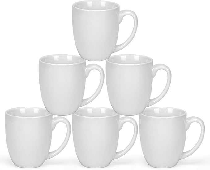 16 OZ White Stoneware Mugs Set of 6, Large Ceramic Coffee Cups with Handle, Porcelain Mugs for Latte, Milk, Tea and Juice