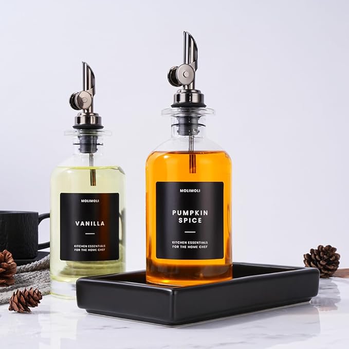 Molimoli Oil and Vinegar Dispenser with Metal Pour Spout, Weighted Pourer, Glass Bottle Dispenser for Kitchen w. Ceramic Tray|Black, 350ml, Set of 2