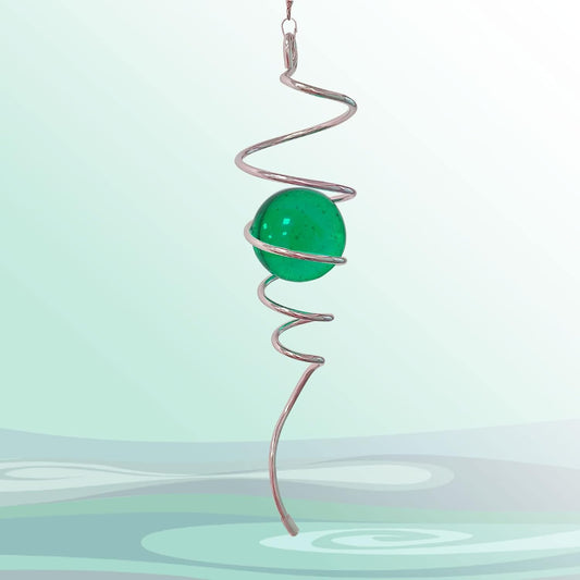 Wind Spinner Tail Gazing Ball Spiral Decorative Wind Spinner Sun Catcher 11inch Tail and 2 inch Glass Orb. Indoor Outdoor Garden Decoration Wind Sculptures-13 inch Height (Green)