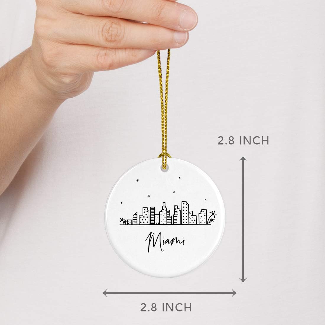 Andaz Press Round Ceramic Porcelain Christmas Tree Ornament Keepsake, Miami Black and White Stars City Skyline Graphic, 1-Pack, Birthday Gift Ideas Family Coworker Him Her, Includes Gift Box