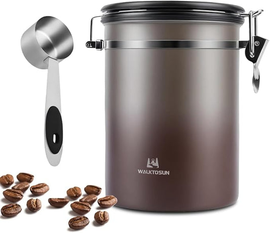 Coffee Canister Airtight Storage Container Stainless Steel Coffee Jar with Scoop,Date Tracker CO2 Release Valve for Dry Food Beans Ground Tea Flour Cereal and Sugar (1.8L Grey-Brown With Spoon)