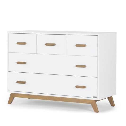 dadada Soho 5-Drawer Dresser for Nursery and Bedroom - Modern Design, Large Storage, Baby-Safe Finish, Soft Close Drawers, Anti-Tip Safety, Sturdy Legs & Solid Wood Handles, 47” Wide (White+Walnut)