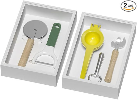 Bamboo Drawer Organizer, Cutlery Silverware Organizer for Kitchen Drawer, Stackable Utensil Organizer, 2 Pcs Flatware Organizer, Wooden Storage Box Tray (White, 9 X 6 X 2 Inch)