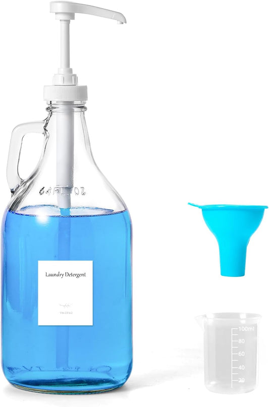 Glass Laundry Detergent Dispenser with Pump, 64OZ Liquid Laundry Soap Dispenser, Fabric Softener Dispenser Bottle for Laundry Room Organization and Storage, 1 Pack