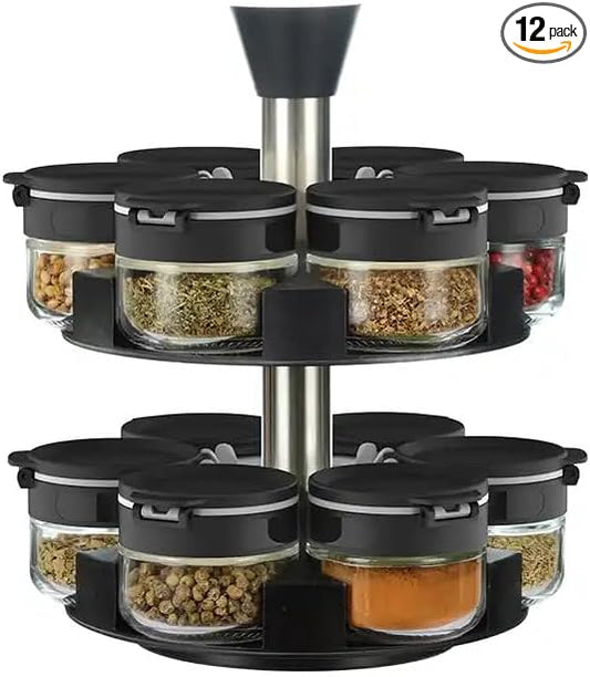 360 rotating 2 tier 12 jars spice rack (12 spice jars) Revolving Seasoning Organizer. Spinning Spice Rack for Counter top and Cabinet