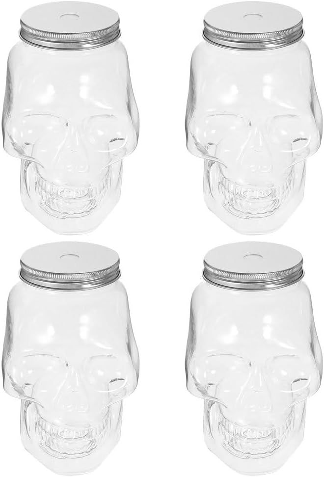 VOSAREA 4pcs Halloween Beverage Bottles Clear Skull Shaped Jar Cups 800ml Plastic Drink Bottles with Screw Straw Hole Lid Party Water Tumbler Skull Beverage Juice Mug
