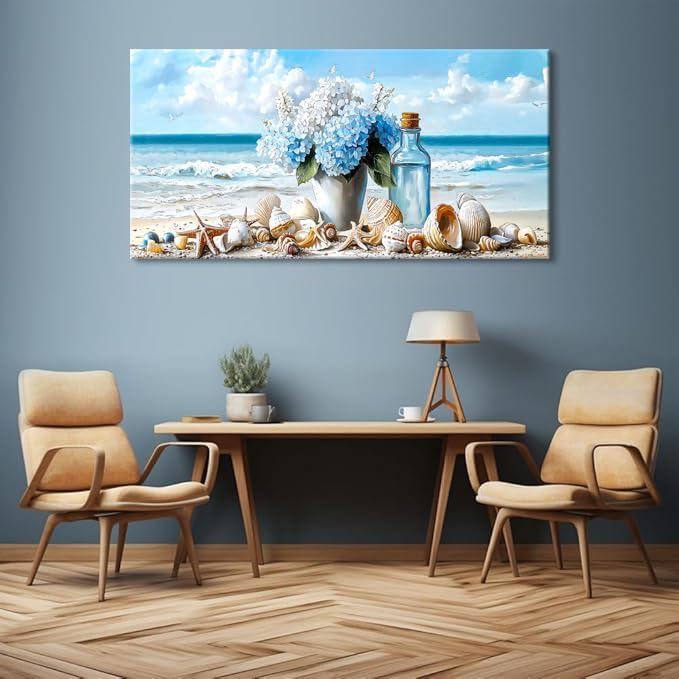 LASMOND Romantic Beach Wall Art for Living Room Blue Shells Conch Vase Canvas Prints Modern Large Flower Bottle Bedroom Ocean Artwork Decor (40x20 Inches)