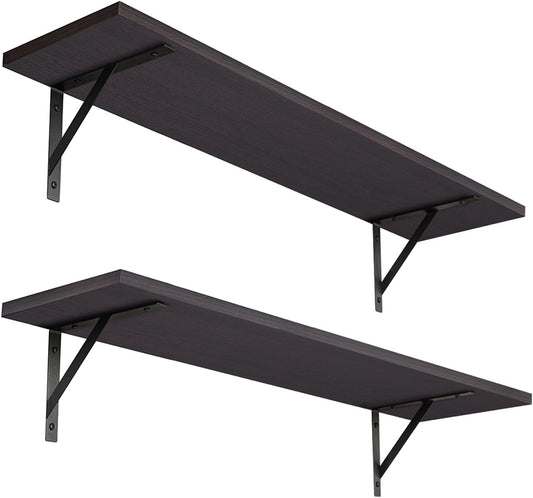 DINZI LVJ Long Wall Shelves, 23.6 Inch Wall Mounted Shelves Set of 2, Easy-to-Install, Wall Storage Ledges with Sturdy Metal Brackets for Living Room, Bathroom, Bedroom, Kitchen, Espresso