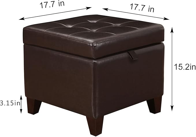 Adeco 15.2" Modern Brown Faux Leather Storage Ottoman with Tufted Flip Top for Living Room, Tufted Accents Rectangular Bench for Foot Rest