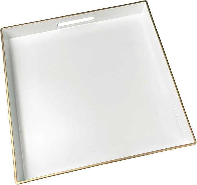 White Decorative Tray, Square Serving Tray with Handles, Plastic Coffee Table Tray for Ottoman, Living Room, Kitchen Tabletop, 13"x13"x1.6"