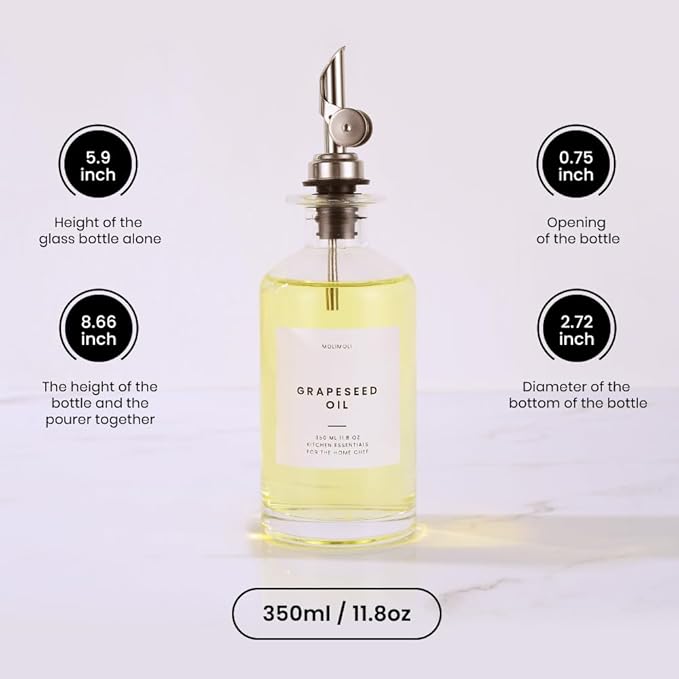 Molimoli Olive Oil Dispenser Bottle for Kitchen, Oil Dispenser w. Weighted Pourer, Glass Bottle Dispenser for Kitchen, Olive Oil Cruet, Glass Olive Oil Bottle | 350ml, Set of 4