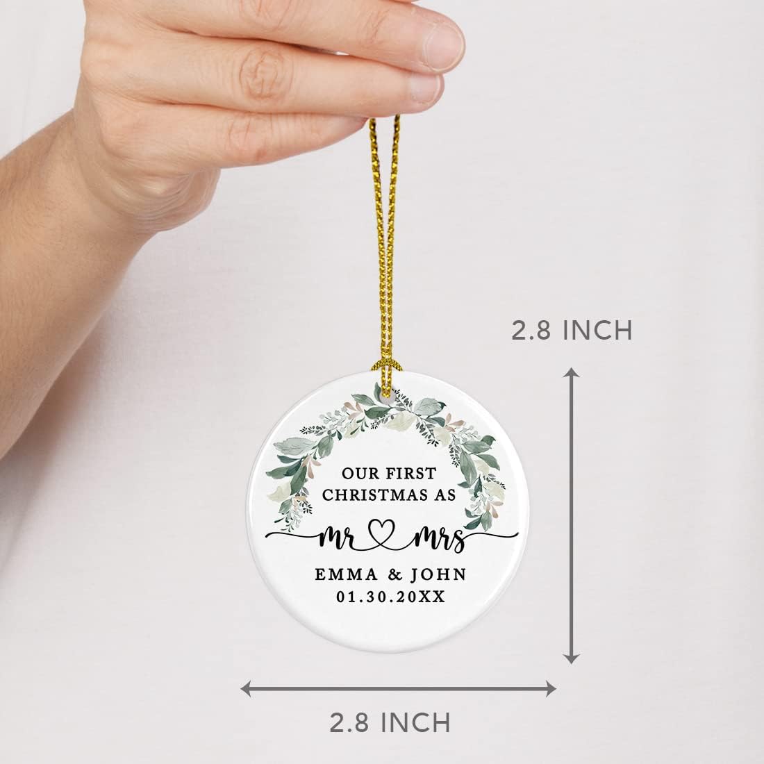 Andaz Press Personalized Our First Christmas As Mr. & Mrs. 2025 Christmas Ornaments Foliage Wreath 2.8" Round Porcelain Ceramic 1st Year Married Custom Ornament Keepsake for Newlyweds 1-Pack