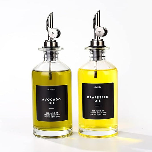 Molimoli Oil and Vinegar Dispenser with Metal Pour Spout, Weighted Pourer, Glass Bottle Dispenser for Kitchen, Olive Oil Cruet, Glass Olive Oil Bottle |350ml, Set of 2
