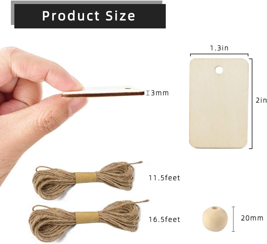 Luckforest 50 Pcs Rectangle Wooden Tags with Holes & 50 Pcs DIY Wooden Craft Beads & 28 Ft Jute Rope - Unfinished Craft Wood Wedding Birthday Party Decoration