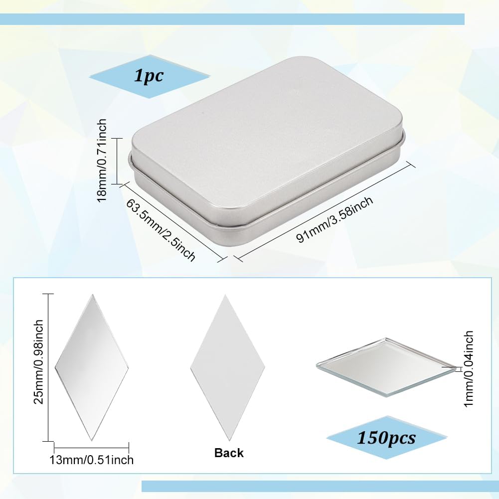 OLYCRAFT 150pcs Rhombus Craft Mirrors 1x0.5 Inch Small Mirror Tiles with Storage Box Non-Stick Mini Glass Mirror Tiles DIY Mirror Rhombus Mini Mirrors for Crafts Art Wall Door Home Decorations