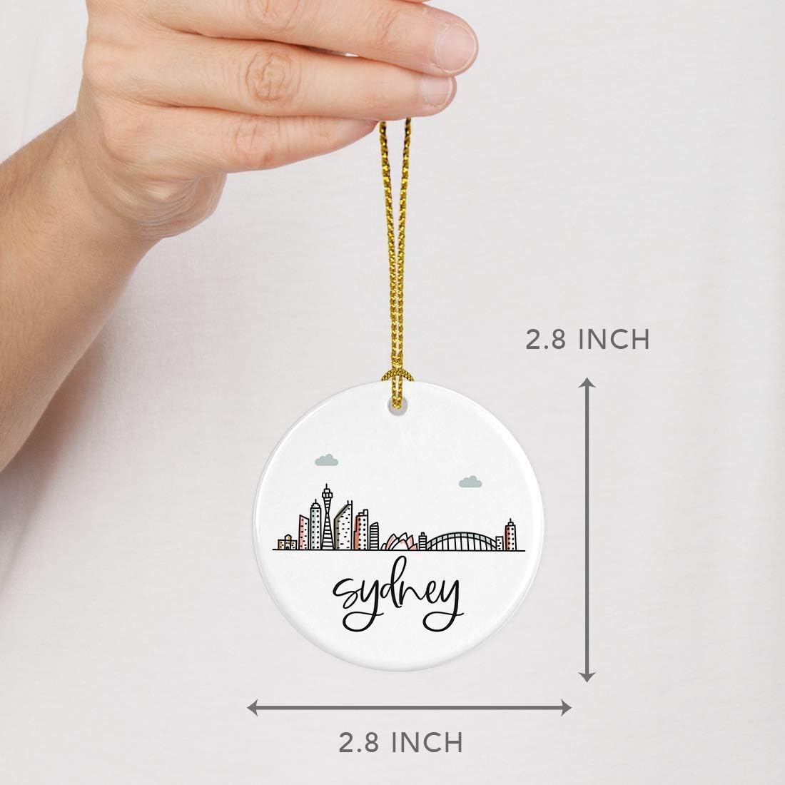 Andaz Press Round Ceramic Porcelain Christmas Tree Ornament Keepsake Gift, Sydney, Colorful International City Skyline Graphic, 1-Pack, Birthday Ideas Family Coworker Him Her, Gift Box