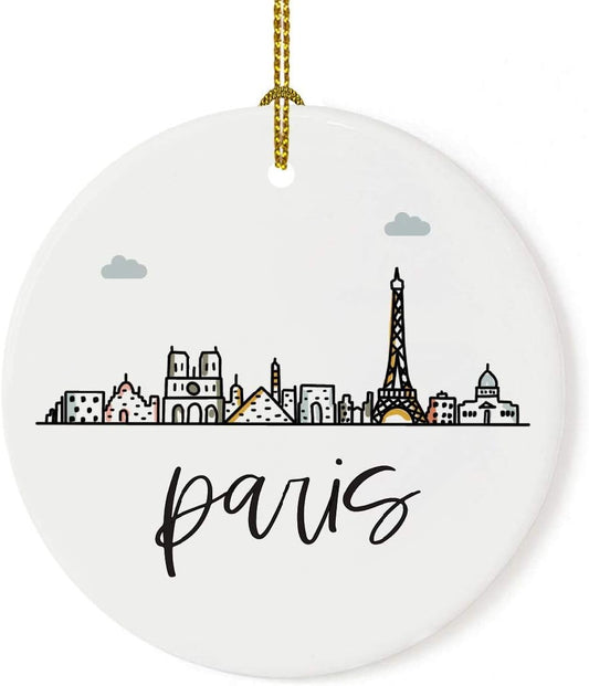 Andaz Press Round Ceramic Porcelain Christmas Tree Ornament Keepsake Gift, Paris, Colorful International City Skyline Graphic, 1-Pack, Birthday Ideas Family Coworker Him Her, Gift Box