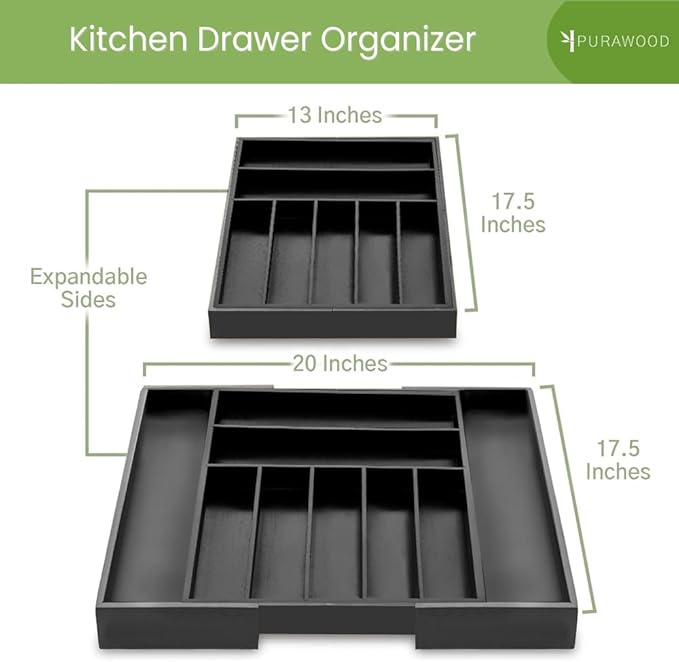 Purawood Bamboo Drawer Organizer - Expandable Silverware Organizer & Utensil Organizer, Cutlery Tray with Dividers, 7-9 Slots - Premium Kitchen Drawer Organizer for Utensils & Flatware (Black)