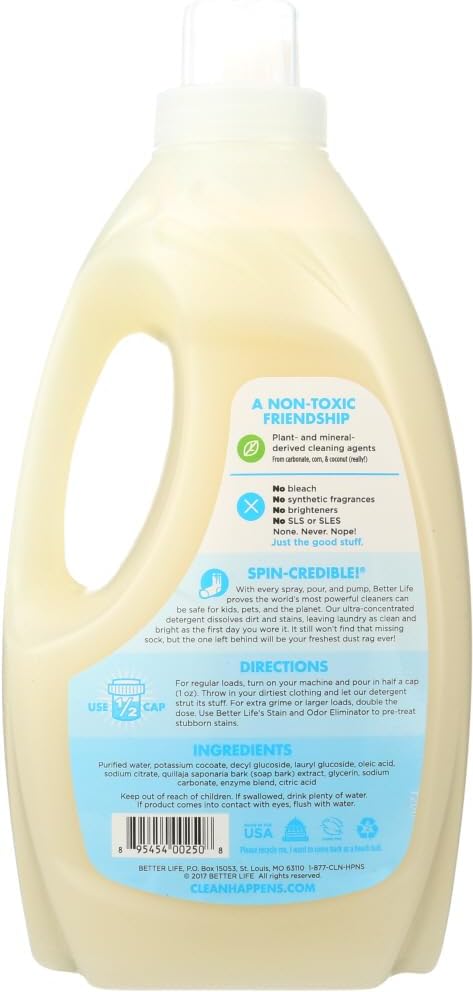 BETTER LIFE Laundry Detergent - Concentrated Liquid Laundry Soap for Automatic Washing Machine - Gentle Unscented Laundry Supplies for Sensitive Skin - 64oz