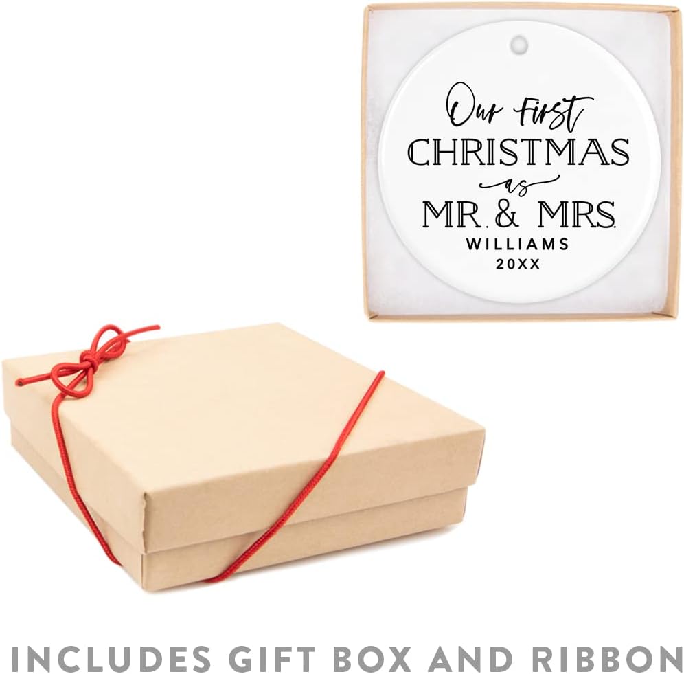 Andaz Press Personalized Our First Christmas As Mr. & Mrs. 2024 Christmas Ornaments Modern Black and White 2.8" Round Porcelain Ceramic 1st Year Married Custom Ornament Keepsake for Newlyweds 1-Pack