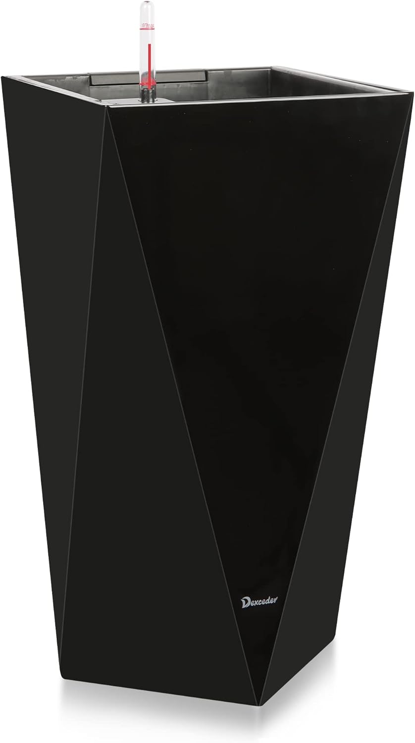 Dexceder 24 Inches Tall Self Watering Planter Diamond High Gloss Indoor Outdoor, Thickened Rhombus Large Floor Standing Flower Plant Pot with Water Level Indicator (Black)