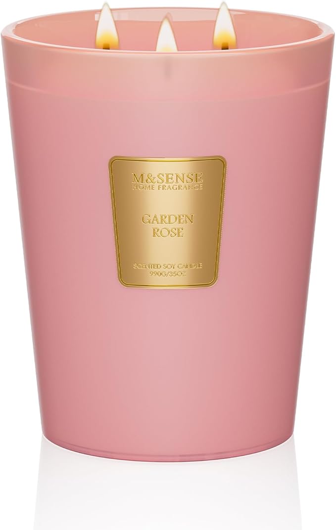 M&SENSE Garden Rose Scented Candle 35oz 150H Burn Time Long Lasting, 3-Wick Natural Aromatherapy Candle Highly Scented, Home Fragrance Housewarming Gifts