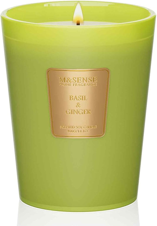 M&SENSE Basil Ginger Scented Natural Soy Wax Candle, 14.1oz 60 Hours Long Lasting Slow Burning Candles for Home Decor, Aromatherapy Candle for Stress Relief