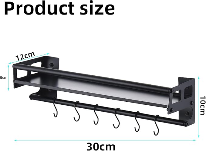 Wall Mount Storage Holder，Stainless Steel Strong Shelf with 6 Removable Hooks, Spice Rack Organizer，Kitchen Organizer Shelf, Space Saving Spice Rack and Kitchen Storage (black)