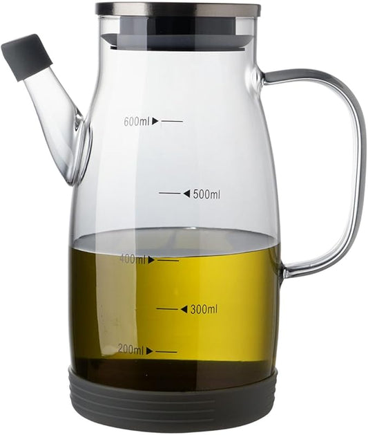 Large Glass Oil Dispenser Bottle for Kitchen Cooking Recipiente Para Aceite De Cocina Olive Oil Vinegar Dispenser Cruet Stainless Steel Lid No Drip Liquid Container (Grey, 20oz / 600ml)