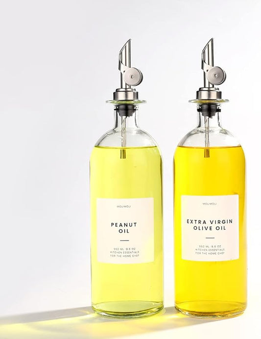 Molimoli Oil and Vinegar Dispenser with Metal Pour Spout, Weighted Pourer, Glass Bottle Dispenser for Kitchen, Olive Oil Cruet, Glass Olive Oil Bottle | 500ml, Set of 2