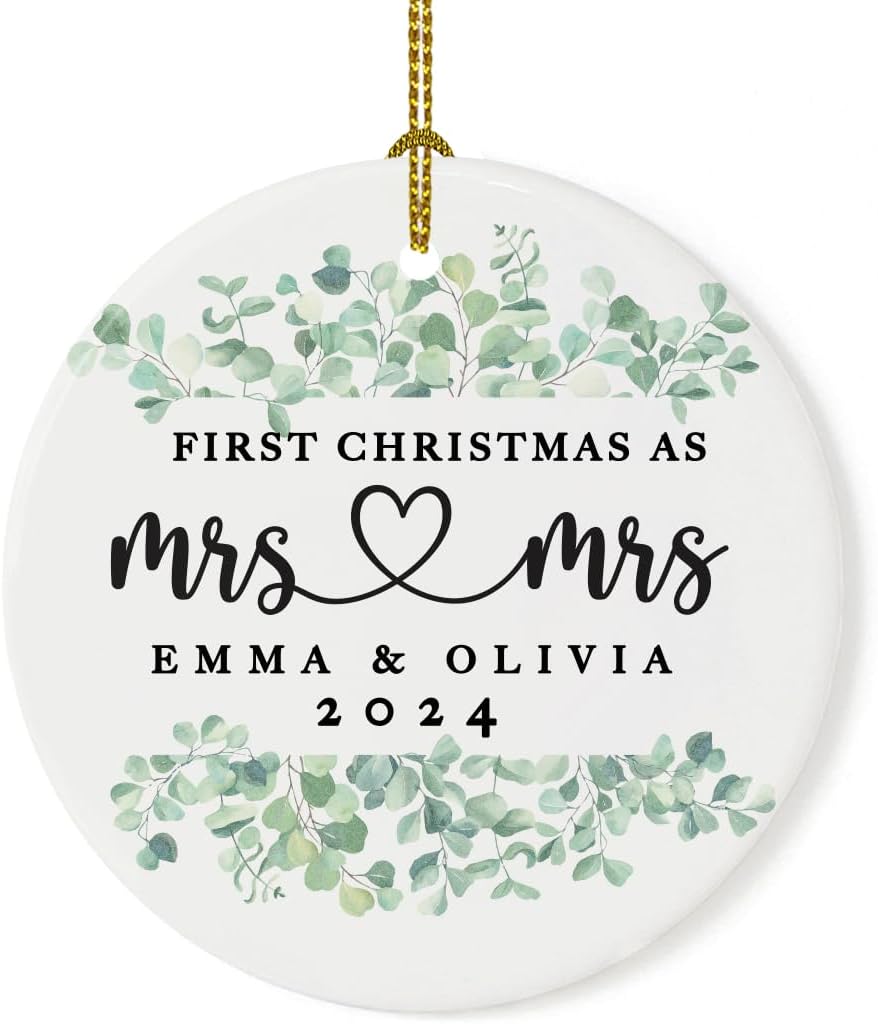 Andaz Press Personalized Our First Christmas As Mrs. & Mrs. 2025 Christmas Ornaments Greenery Eucalyptus 2.8" Round Porcelain Ceramic Lesbian Married Couple Gay Women Newlyweds Keepsake 1-Pack