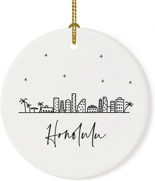 Andaz Press Round Ceramic Porcelain Christmas Tree Ornament Keepsake, Honolulu Black and White Stars City Skyline Graphic, 1-Pack, Birthday Gift Idea for Family, Coworker, Him, Her, Includes Gift Box
