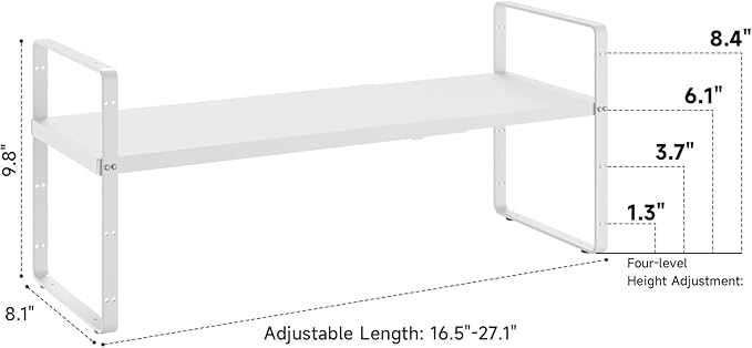 16.5~27.1" Expandable Shelf Organizer, 1Pack 8.1" Wide Stackable Cabinet Shelf Organizers, White Metal Sturdy Kitchen Counter Storage for Countertop, Adjustable Height Spice Rack