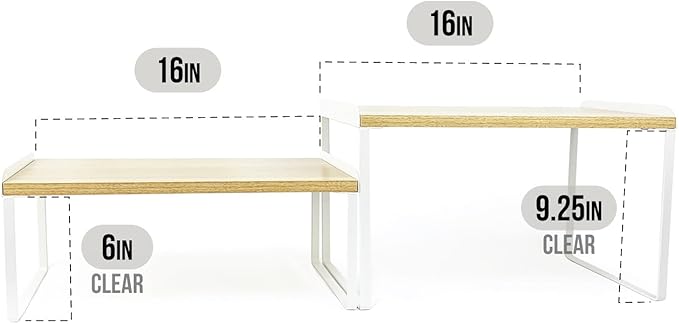 Mitus Shelf Organizer and Storage, Stackable Tiered Wood Cabinet Rack for Countertops, Desktops, Cabinets (Set of 2) 16" Wide Natural Oak and White
