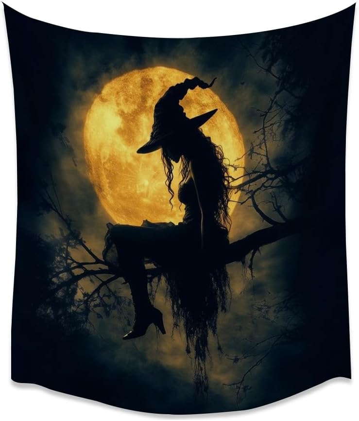 Halloween Witch Tapestry Wall Art Witchcore Moon Aesthetic Print Dark Academia Gothic Tapestries Wall Hanging Horror Ghost Halloween Party Decor for Home Living Room Bedroom 30x40inch