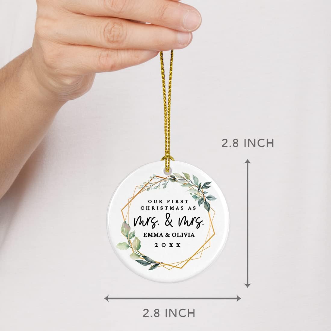Andaz Press Personalized Our First Christmas As Mrs. & Mrs. 2025 Christmas Ornaments Geometric Greenery 2.8" Round Porcelain Ceramic Lesbian Married Couple Gay Women Newlyweds Wedding Keepsake 1-Pack