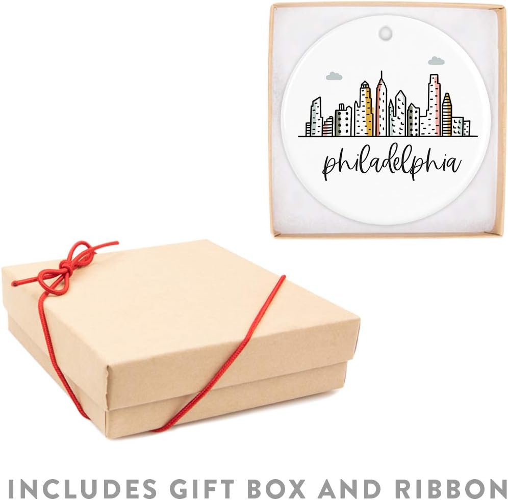 Andaz Press Round Ceramic Porcelain Christmas Tree Ornament Keepsake Gift, Philadelphia, Colorful City Skyline Graphic, 1-Pack, Birthday Ideas Family Coworker Him Her, Includes Gift Box