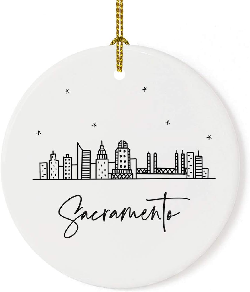 Andaz Press Round Ceramic Porcelain Christmas Tree Ornament Keepsake Gift, Sacramento, Black and White Stars City Skyline Graphic, 1-Pack, Birthday Ideas Family Coworker Him Her, Includes Gift Box