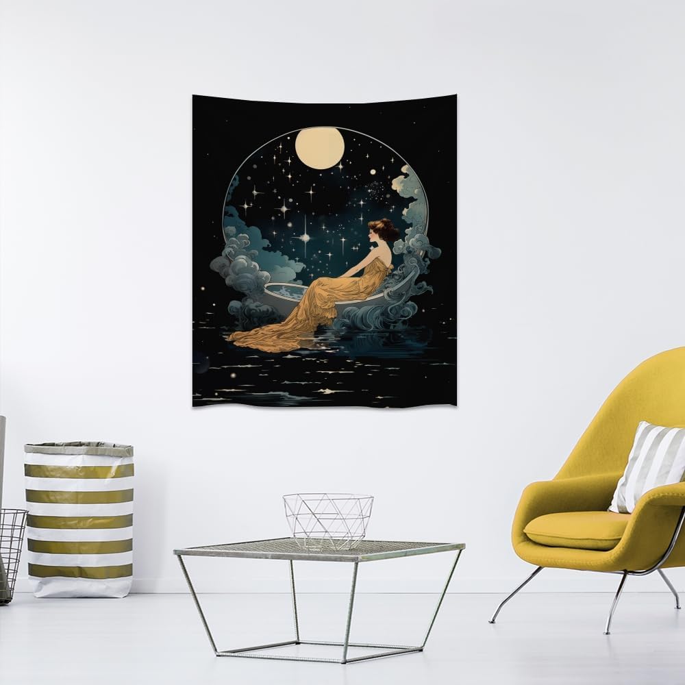Dark Academia Tapestry Celestial Moonlit Bathing Lady Print Trendy Aesthetic Gothic Wall Hanging Vintage Art Nouveau Tapestries Wall Decor for Bedroom Living Room Dorm 60x80inch