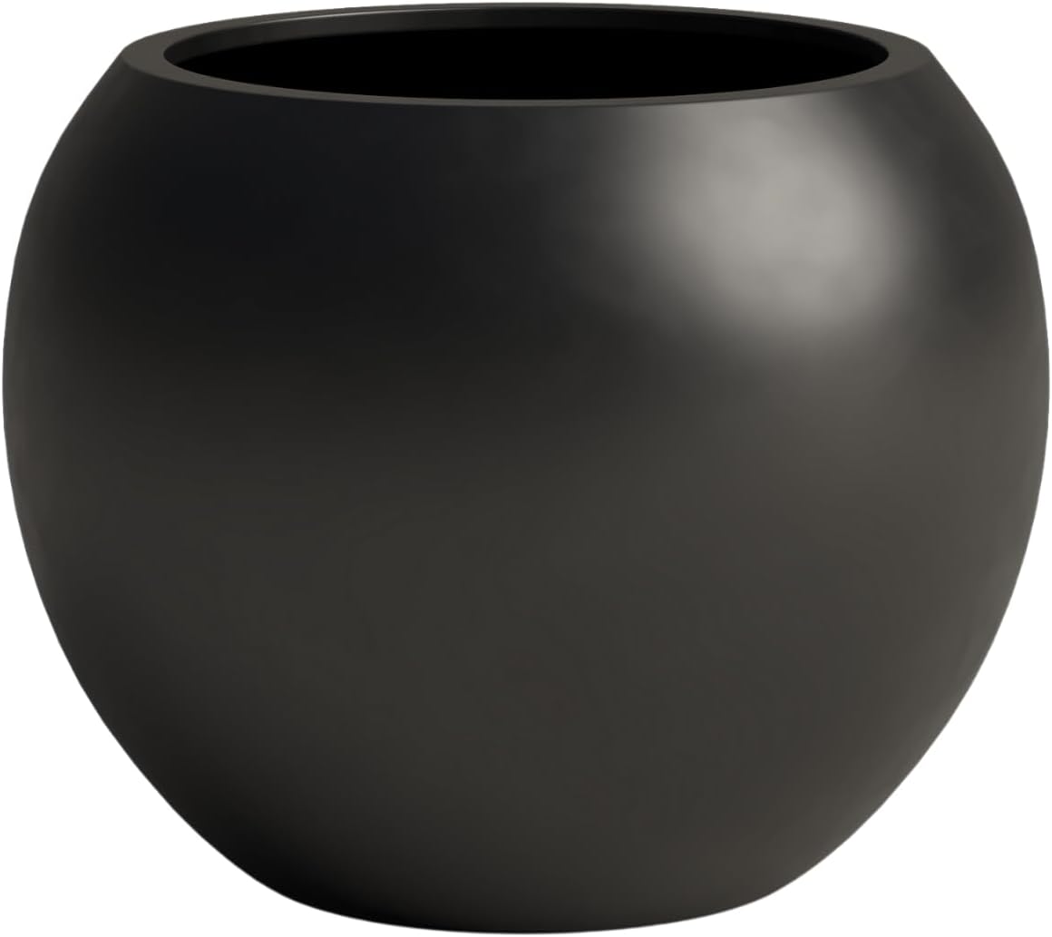DTY Signature Mount Sherman Lightweight Durable Modern Fiberstone Sphere Planter for Indoor & Outdoor Drainage Hole & Rubber Plug Weather Resistant, 13.5" H x 17" Dia, 12" Opening- Medium, Black